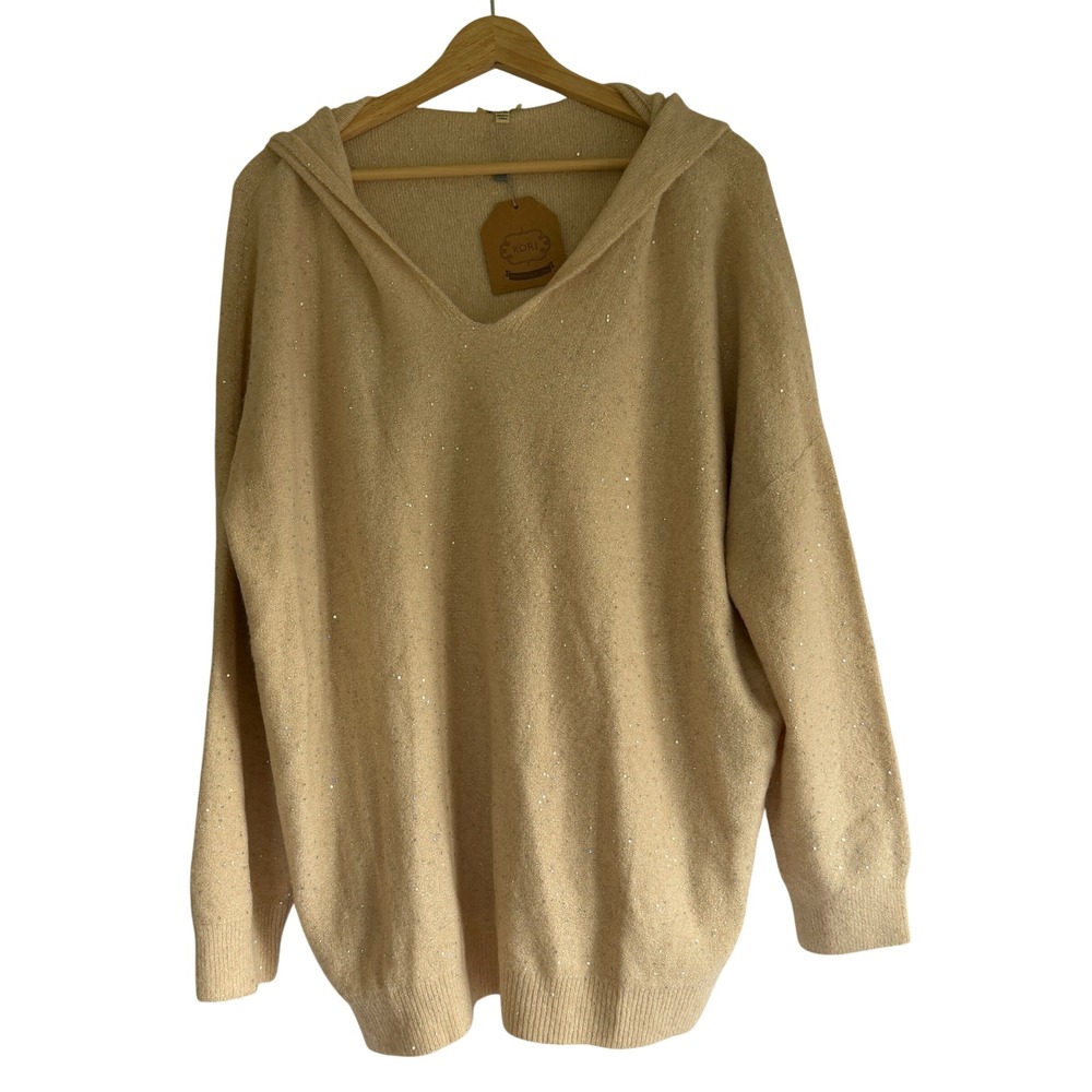 Kori America Plus Size Sequin Hooded V-Neck Sweater Beige 1XL 2XL PB6297 NEW